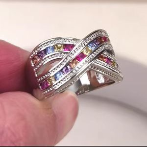 🏳️‍🌈Silver 925 Cz Rainbow Criss Cross Wide Band Ring